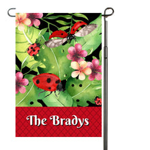 Load image into Gallery viewer, Ladybug Floral Garden Flag, Personalized, Garden Flag, Name Garden Flag, Yard Decor, Ladybug Gift, Ladybugs, Summer Yard Flag, Flowered Flag