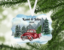 Load image into Gallery viewer, Red Truck Personalized Christmas Ornament, Name Christmas Ornament, Mountains, Custom Ornament, Red Truck, Family Gift, Country Christmas