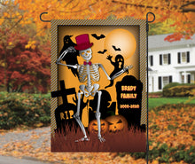 Load image into Gallery viewer, Skeleton Graveyard Garden Flag, Personalized, Halloween Decoration, Fall Garden Flag, Skeleton, Graveyard, Custom Garden Flag, Name Flag