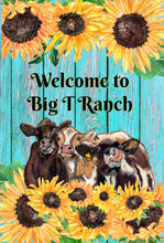 Load image into Gallery viewer, Cow Sunflower Garden Flag, Personalized, Garden Flag, Name Garden Flag, Cow Decor, Cow Flag, Cows, Cow Lover Gift, Yard Decoration, Ranch