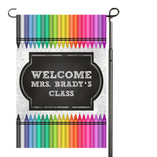 Load image into Gallery viewer, Teacher Crayon Garden Flag, Personalized, Teacher Gift, Name Garden Flag, Crayon Decor, Teacher Decoration, Crayons, Classroom Decoration