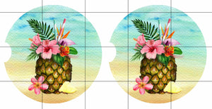 Tropical Beach Pineapple Personalized Car Coasters Set of 2 - Customized - Beach, Ocean, Pineapple, Beach Gift, Car Accessories, Beach Lover