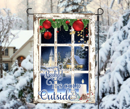 Baby It's Cold Outside Christmas Garden Flag, Frosty Winter Window Christmas Flag, Garden Flag, Christmas Garden Flag, Christmas Yard Decor