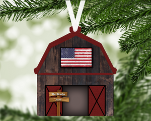 Barn Flag Personalized Ornament, Farm Ornament, Ranch Ornament, Barn American Flag Ornament, Family Gift, Holiday Decoration, Tree Decor