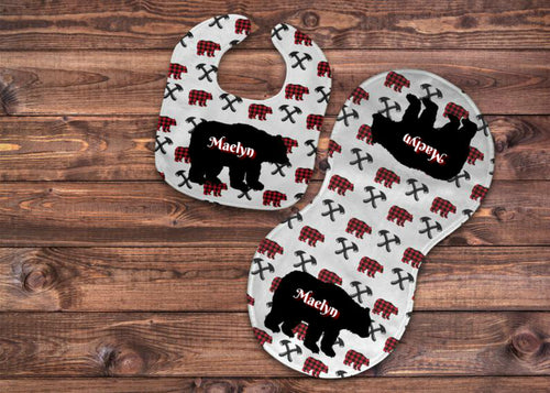 Buffalo Plaid Bear Bib and Burp Cloth Set, Personalized, Red and Black, Newborn, Baby, Baby Shower Gift, Baby Gift, Bear Gift, Buffalo Plaid