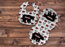 Load image into Gallery viewer, Buffalo Plaid Bear Bib and Burp Cloth Set, Personalized, Red and Black, Newborn, Baby, Baby Shower Gift, Baby Gift, Bear Gift, Buffalo Plaid