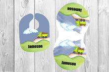 Load image into Gallery viewer, Truck Personalized Bib and Burp Cloth Set - Green and Blue - Newborn Baby, Baby Boy Shower Gift, Truck Gift, Custom Name Bib, New Baby Gift