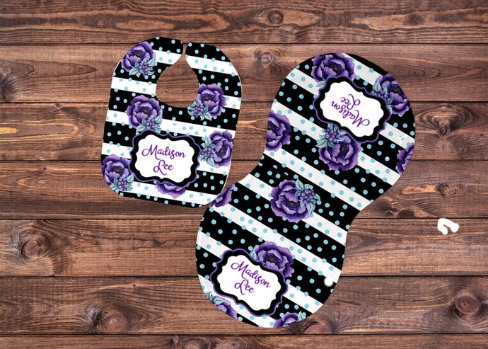 Purple Rose Personalized Bib and Burp Cloth Set - Newborn Baby Girl, Baby Shower Gift, Roses Baby Gift, Custom Name Bib, New Baby Gift