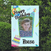 Load image into Gallery viewer, Personalized Happy Birthday Garden Flag, Birthday Cake Flag, Party Flag, Birthday Sign, Garden Decor, Yard Decor, Balloon Birthday Flag