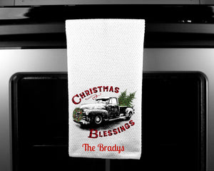 Christmas Blessings Truck Oven Mitt Pot Holder Towel Gift Set Personalized, Mom, Housewarming Gift, Hostess Gift, Custom Kitchen Set