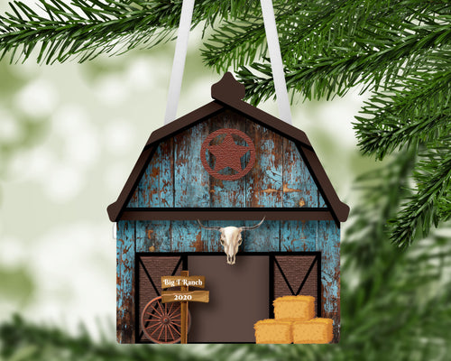Blue Barn Personalized Christmas Ornament, Farm Ornament, Ranch Ornament, Watercolor Ornament, Holiday Decoration, Gift Exchange, Tree Décor