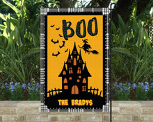 Load image into Gallery viewer, Boo Haunted House Garden Flag, Personalized, Halloween Decoration, Fall Garden Flag, Fall Decor, Fall Yard Decor, Custom Garden Flag, Name