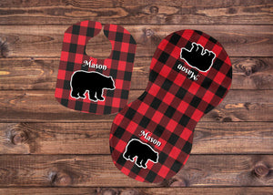 Buffalo Plaid Bear Bib and Burp Cloth Set, Personalized, Red and Black, Newborn, Baby, Baby Shower Gift, Baby Gift, Bear Gift, Buffalo Plaid