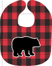 Load image into Gallery viewer, Buffalo Plaid Bear Bib and Burp Cloth Set, Personalized, Red and Black, Newborn, Baby, Baby Shower Gift, Baby Gift, Bear Gift, Buffalo Plaid