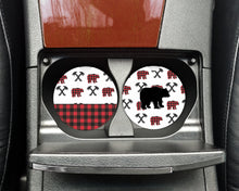 Load image into Gallery viewer, Buffalo Plaid Bear Car Coasters, Set of 2, Ceramic, Rustic Car Coasters, Sandstone Car Coaster, Car Coasters, Vehicle, New Car, Car Gift