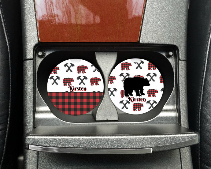 Buffalo Plaid Bear Car Coasters, Set of 2, Ceramic, Rustic Car Coasters, Sandstone Car Coaster, Car Coasters, Vehicle, New Car, Car Gift