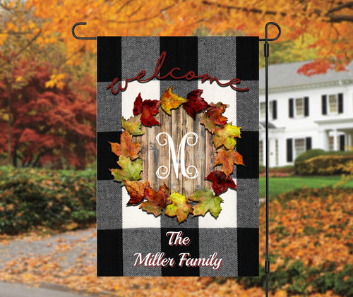 White Buffalo Plaid Leaves Monogram Garden Flag, Personalized, Fall Garden Flag, Autumn Garden Flag, Custom Garden Flag, Name Garden Flag