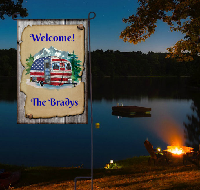 Patriotic Camper Garden Flag, Camping Garden Flag, Personalized, Name Garden Flag, Camper Decor, Camping Flag, Camper Decor, Gift for Camper