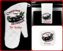 Load image into Gallery viewer, Christmas Blessings Truck Oven Mitt Pot Holder Towel Gift Set Personalized, Mom, Housewarming Gift, Hostess Gift, Custom Kitchen Set
