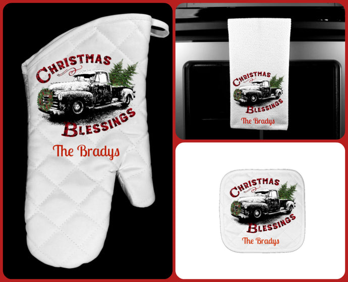 Christmas Blessings Truck Oven Mitt Pot Holder Towel Gift Set Personalized, Mom, Housewarming Gift, Hostess Gift, Custom Kitchen Set