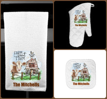 Load image into Gallery viewer, Farm Sweet Farm Oven Mitt Pot Holder Towel Gift Set Personalized, Cow Gift, Cows, Housewarming Gift, Wedding Gift, Custom Kitchen Set