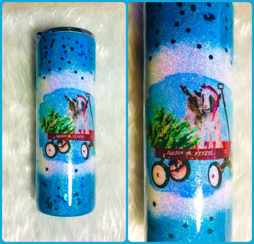 Christmas Goats in Wagon Holographic Glitter Tumbler Cup Double Wall Stainless Steel