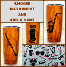 Load image into Gallery viewer, Musical Instrument Wood Grain Tumbler, Personalized, Musician Gift, Gift, Gift for Man, Saxophone, Trumpet, Father&#39;s Day, Insulated, 20 oz