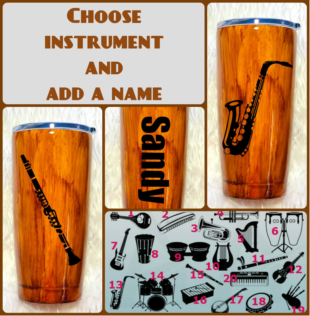Musical Instrument Wood Grain Tumbler, Personalized, Musician Gift, Gift, Gift for Man, Saxophone, Trumpet, Father's Day, Insulated, 20 oz