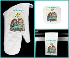 Load image into Gallery viewer, Christmas Nativity Oven Mitt Pot Holder Towel Gift Set Personalized, Gifts for Mom.Housewarming Gift.Hostess Gift.Wedding.Custom Kitchen Set