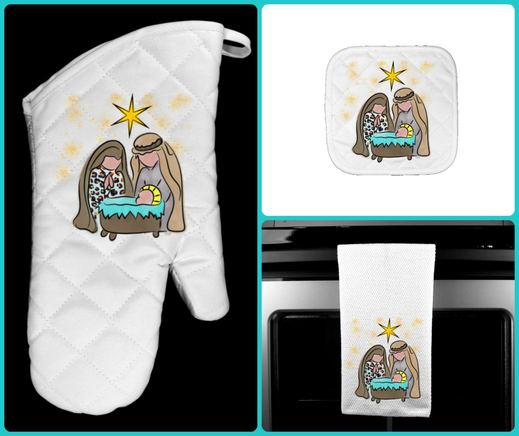 Christmas Nativity Oven Mitt Pot Holder Towel Gift Set Personalized, G –  Big T Ranch Colorado