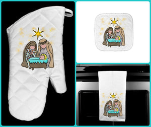 Christmas Nativity Oven Mitt Pot Holder Towel Gift Set Personalized, Gifts for Mom.Housewarming Gift.Hostess Gift.Wedding.Custom Kitchen Set