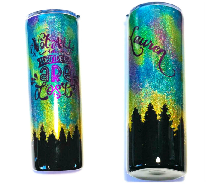 Northern Lights Holographic Glitter Tumbler, 20 oz, Personalized, Not All Who Wander Are Lost, Add a Name, Outdoors, Alaska, Night Sky