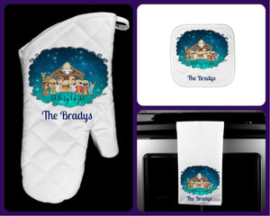 Nativity Manger Personalized Oven Mitt Pot Holder Towel Christmas Gift Set, O Holy Night, Housewarming Gift, Hostess Gift, Kitchen Set