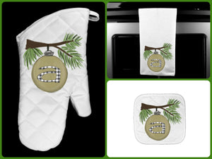 Ornament Initial Personalized Oven Mitt Pot Holder Towel Gift Set, Neutrals and Buffalo Plaid, Mom Gift, Hostess Gift, Custom Kitchen Set