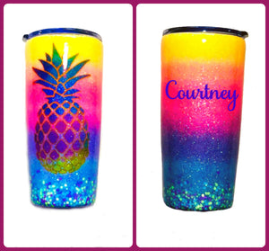 Pineapple Tropical Personalized Glitter Tumbler with Lid - Ombre - Neon Yellow, Neon Pink, Neon Purple, Neon Blue - Luau - Insulated - 20 oz