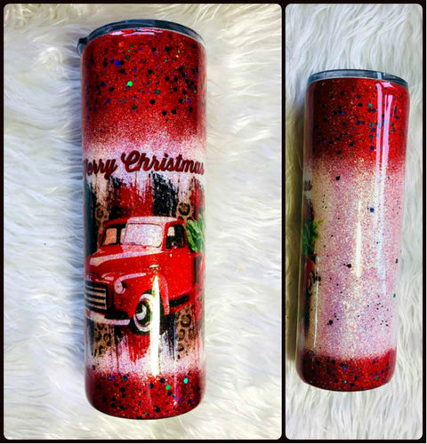 Red Christmas Truck Holographic Glitter Tumbler