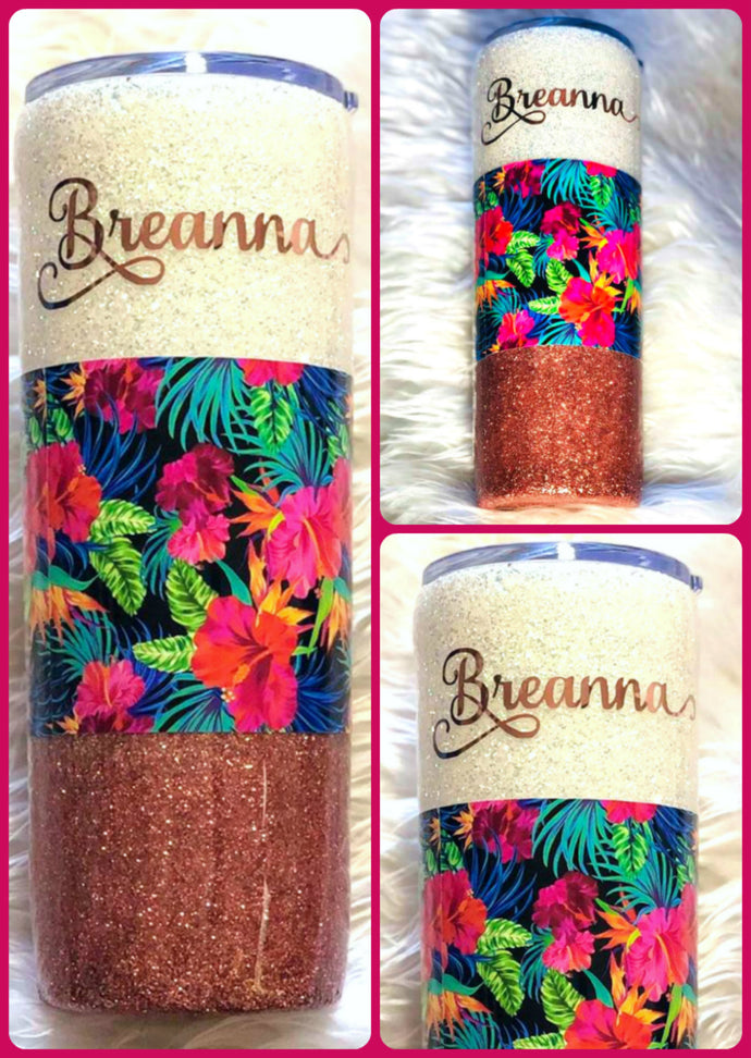 Personalized Rose Gold Glitter Tumbler, One of a Kind, Tropical Flower Design, Gift for Mom, Insulated, Tumbler, Tumbler Gift, Floral, 20 oz