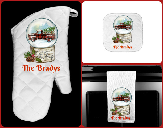 Christmas Truck Buffalo Plaid Snow Globe Oven Mitt Pot Holder Towel Gift Set, Personalized, Happy Holidays, Hostess Gift, Custom Kitchen Set