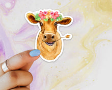 Load image into Gallery viewer, Cow Floral Crown Sticker, Cow Sticker, Cow Sticker for Laptops, Cows, Water Bottles, Gift for Cow Lovers, Brown Cow, Cow, 4-H Cows, Flowers