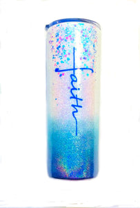 Faith Cross Holographic Glitter Tumbler - White, Purple, Blue - Christian, God, Prayer - Cross Glitter Cup - Faith Cup - Insulated - 20 oz Skinny