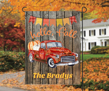 Load image into Gallery viewer, Hello Fall Vintage Red Truck with Pumpkins Fall Garden Flag, Autumn Garden Flag, Fall Decor, Fall Yard Decor, Custom Garden Flag