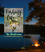 Load image into Gallery viewer, Fishing Life Garden Flag, Fisherman Garden Flag, Personalized, Fish Garden Flag, Name Garden Flag, Fishing Decor, Fishing Flag, Fishing Gift
