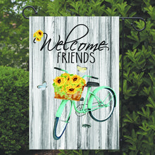 Load image into Gallery viewer, Sunflower Bicycle Garden Flag, Welcome Friends, Green and Yellow, Garden Flag, Bicycle Decor, Bicycle Flag, Sunflower Yard Decoration
