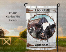 Load image into Gallery viewer, Cow Garden Flag, Personalized, Garden Flag, Name Garden Flag, Cows Decor, Cow Flag, Farm Yard Flag, Yard Decor, Yard Decoration, Ranch