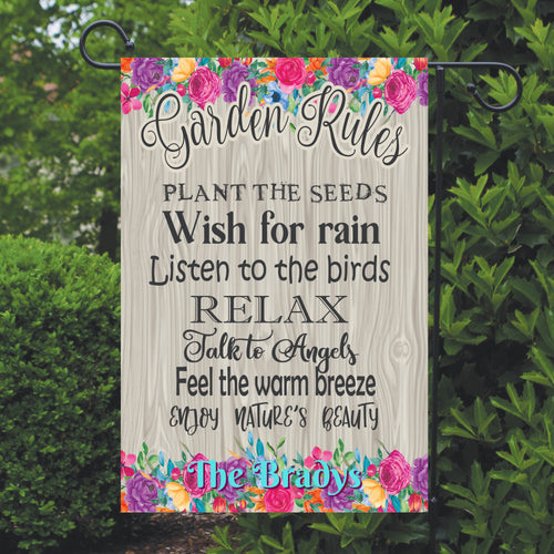 Garden Rules Flag, Personalized, Name Garden Flag, Garden Gift, Summer Flag, Yard Decor, Garden Rules Yard Decoration, Summer Yard Flag
