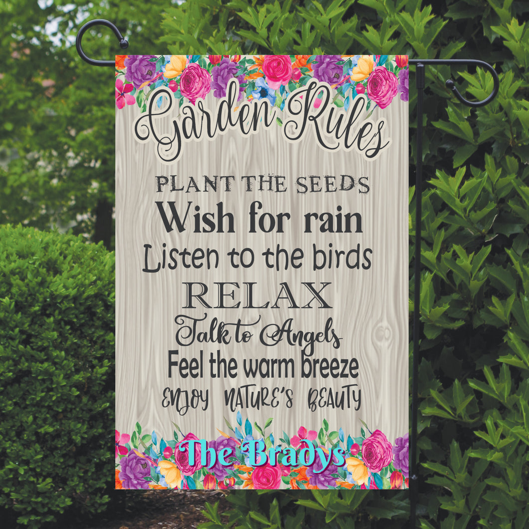 Garden Rules Flag, Personalized, Name Garden Flag, Garden Gift, Summer Flag, Yard Decor, Garden Rules Yard Decoration, Summer Yard Flag