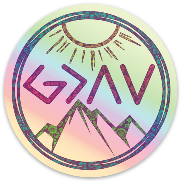God is Greater Than the Highs and Lows Holographic Sticker, Faith, Mountains, Water Bottle, Tumbler, Laptop, Christian Sticker, Believer