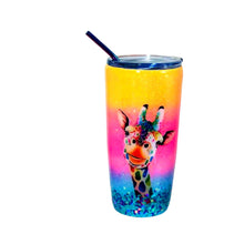 Load image into Gallery viewer, Giraffe Glitter Ombre Tumbler - 20 oz Insulated with Straw and Lid - Yellow, Pink, Blue - Name Optional - Personalized Tumbler, Travel Cup