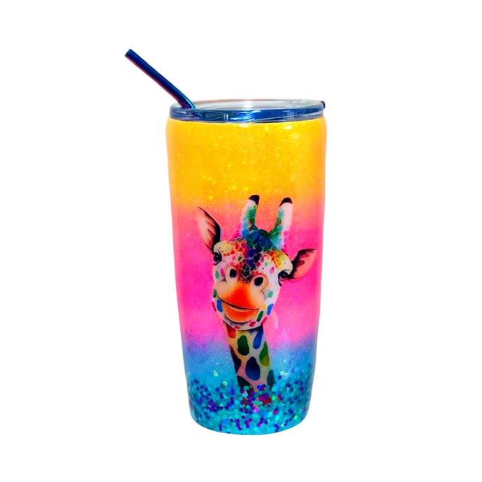 Giraffe Glitter Ombre Tumbler - 20 oz Insulated with Straw and Lid - Yellow, Pink, Blue - Name Optional - Personalized Tumbler, Travel Cup