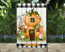 Load image into Gallery viewer, Gnome Pumpkin House Garden Flag, Personalized, Fall Garden Flag, Autumn Garden Flag, Fall Decor, Fall Yard Decor, Custom Garden Flag, Name